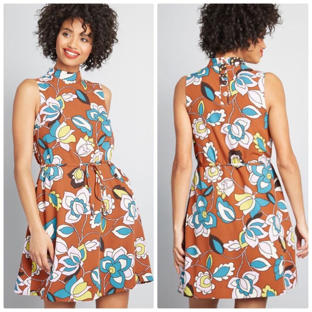 ModCloth Floral Brown‎ In With Excitement Mock Neck Sleeveless Dress Large NEW